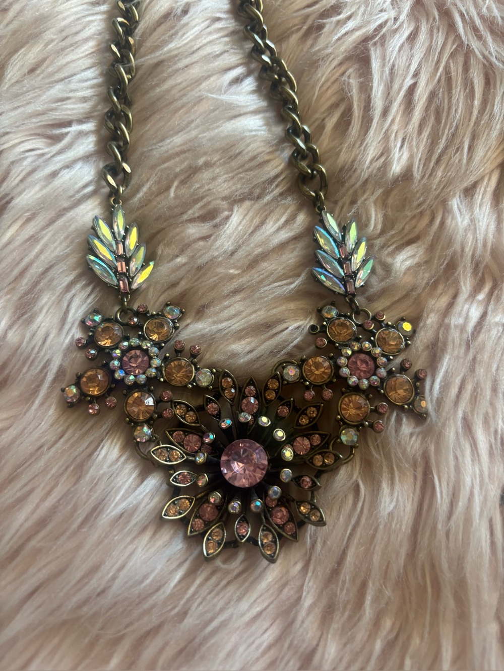 Betsey Johnson Pink and Iridescent Crystal Floral Bib Necklace